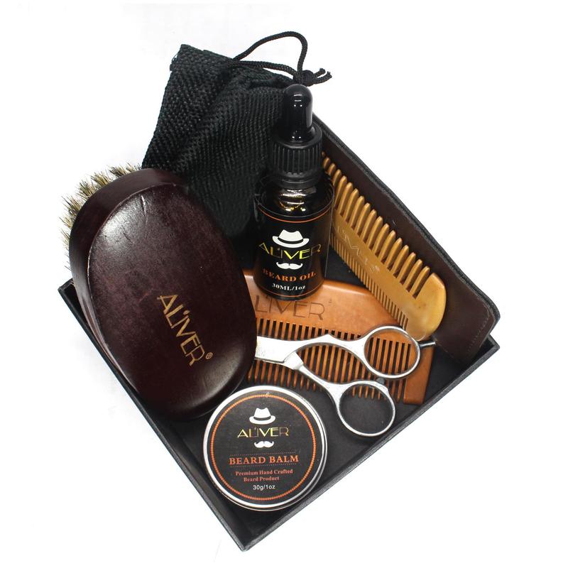 Men's Beard Care Kit, 6 Counts set Beard Comb & Brush & Double Comb & Scissors & Beard Oil & Beard Cream with Drawstring Cloth Bag, Gift Box