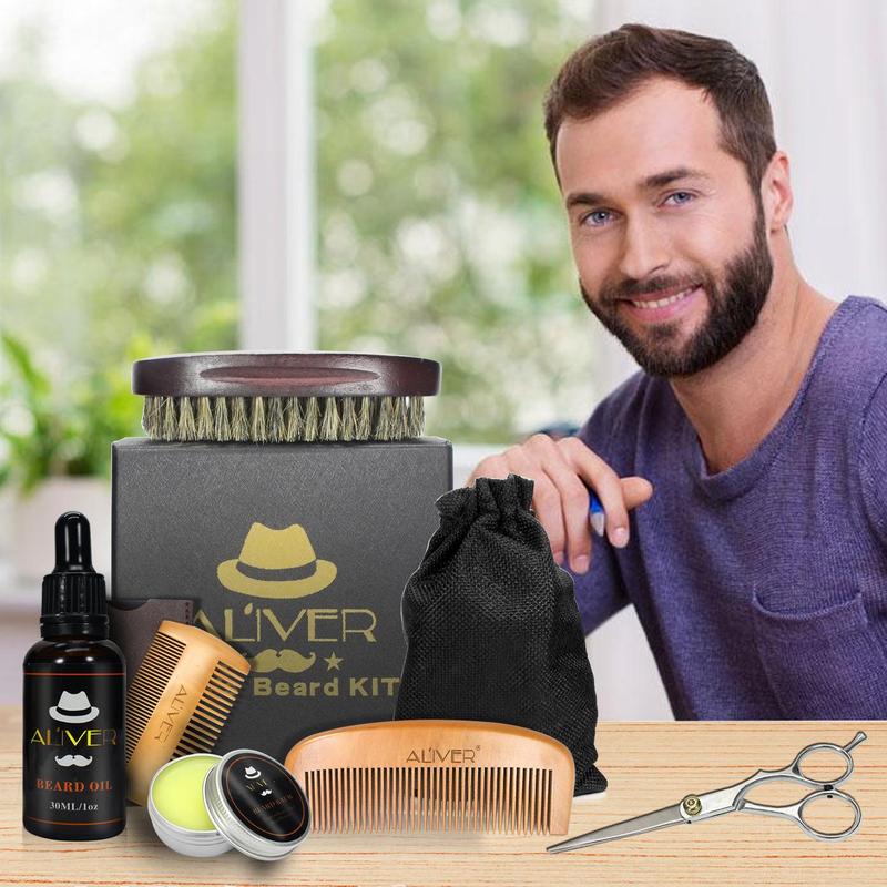 Men's Beard Care Kit, 6 Counts set Beard Comb & Brush & Double Comb & Scissors & Beard Oil & Beard Cream with Drawstring Cloth Bag, Gift Box