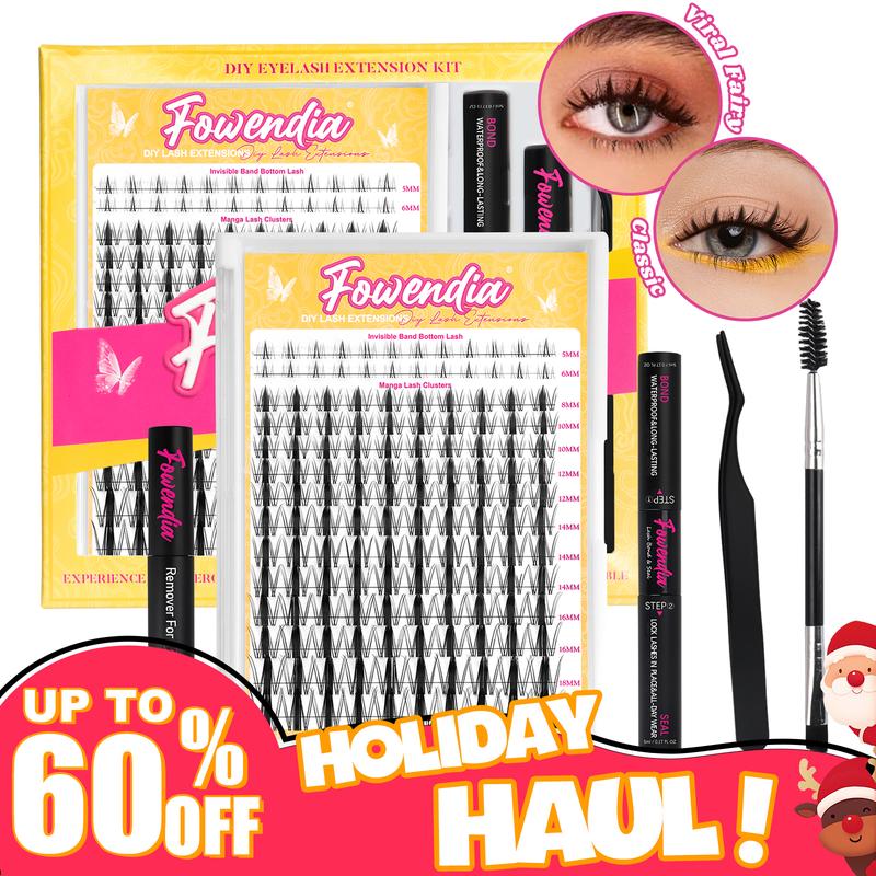 Fowendia Manga Lashes Cluster Lashes C D Curl DIY Lashes Extension Kit and Lash Clusters Fall Deals For You Campaign 8-18mm with Bond, Seal, and Remover - Ultra-Thin Transparent Bands, No-Glue Lower Lashes, Lash magic Anime Fake Eyelashes Extensions Kit