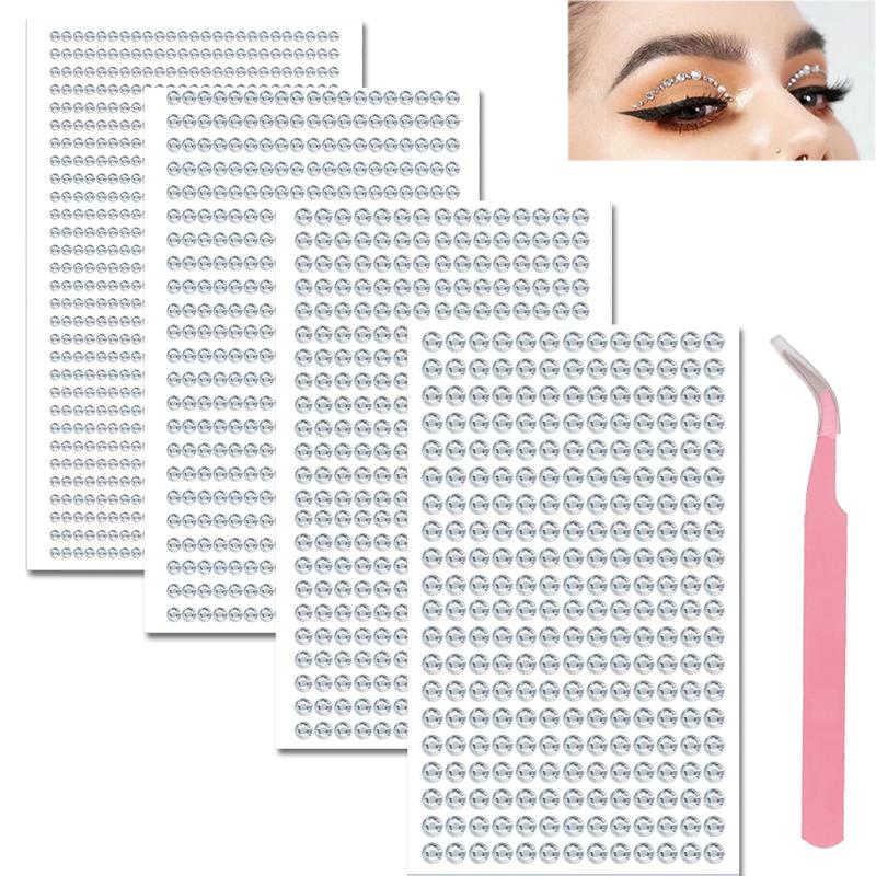 1792 pcs self-adhesive face gems (3 4 5 6 mm) for eyes, body, and nails. Includes crystal stickers and a pick-up tweezer for easy application.