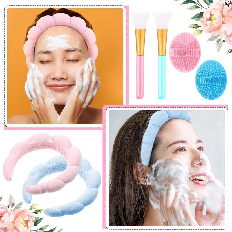 Facial Cleansing Tool Set, 6 Counts set Makeup Headband & Silicone Facial Cleansing Brush & Face Mask Scraper, Skincare Tools for Women & Girls