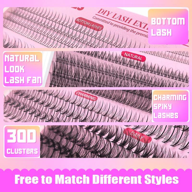 Fuffy False Eyelashes Extension Kit, Natural Thick Cute Cat Eye Styles Mixed Different Lashes with Glue & Tweezers & Remover, DIY Cluster Lashes with Tools