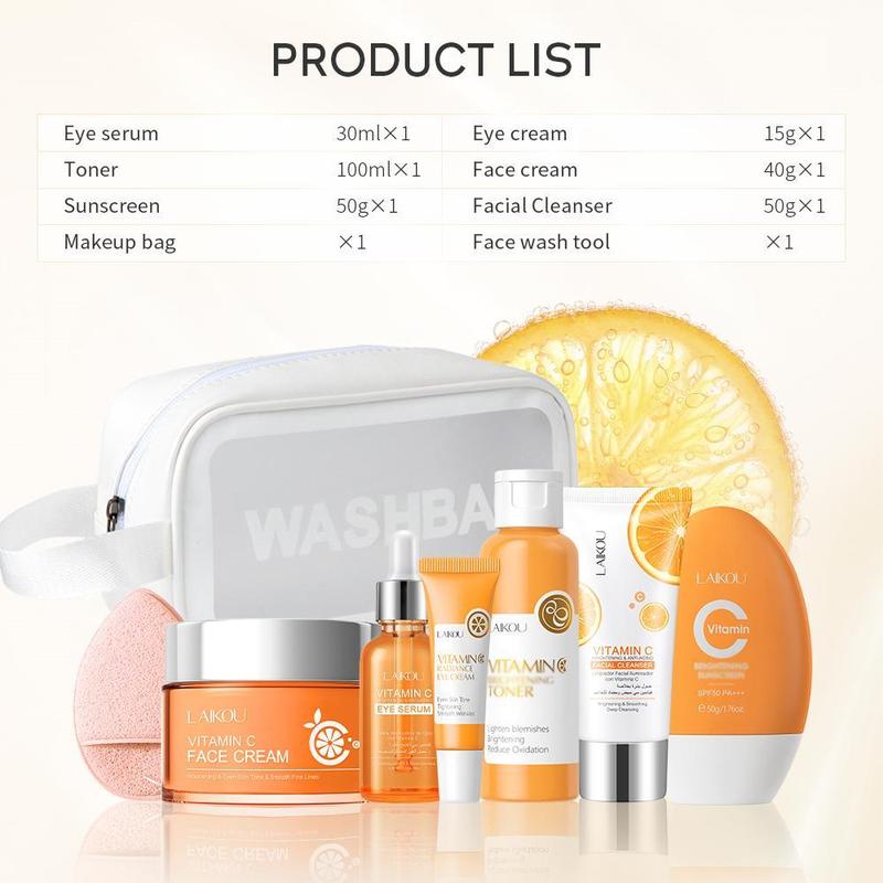 Vitamin C Skincare Set, Facial Skin Care Product & Makeup Bag & Puff, Professional Skin Care Kit for Women & Girls, Fall Gift, Christmas Gift