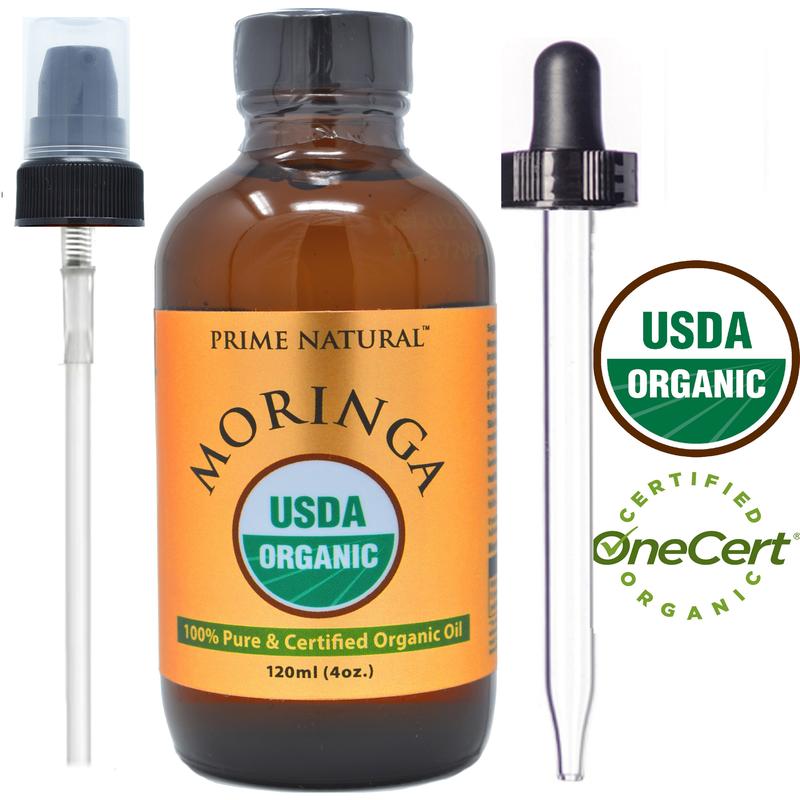 PRIME NATURAL Organic Moringa Oil USDA Certified, Pure, Cold Pressed, Virgin, Unrefined Oil (4oz  120ml) - Joints, Skin, Face, Body & Hair - Vegan - Food Grade - Natural Moisturizer Body Care Hydrating