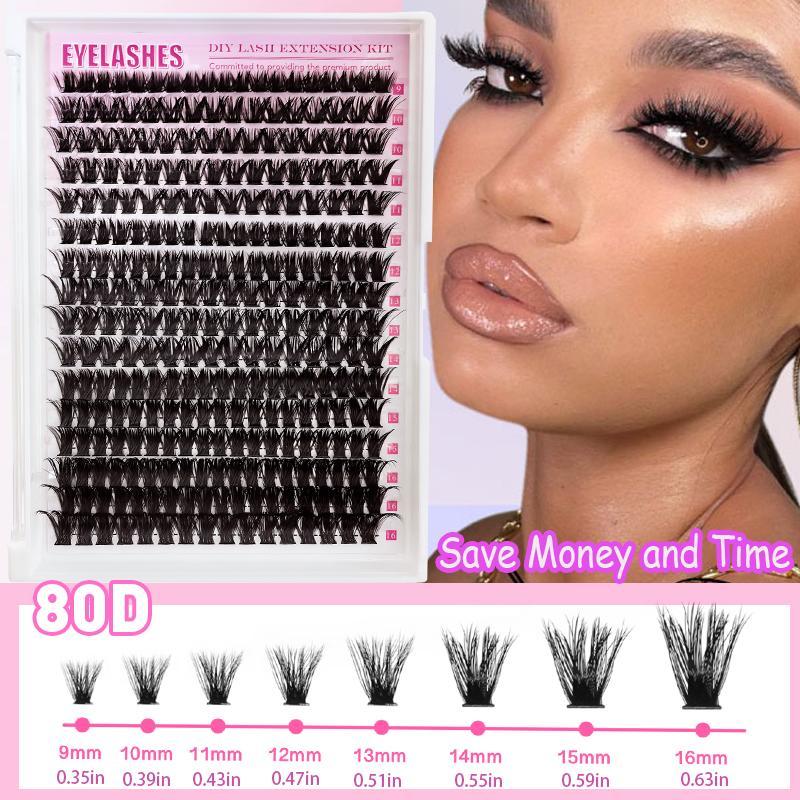 Fuffy False Eyelashes Extension Kit, Natural Thick Cute Cat Eye Styles Mixed Different Lashes with Glue & Tweezers & Remover, DIY Cluster Lashes with Tools