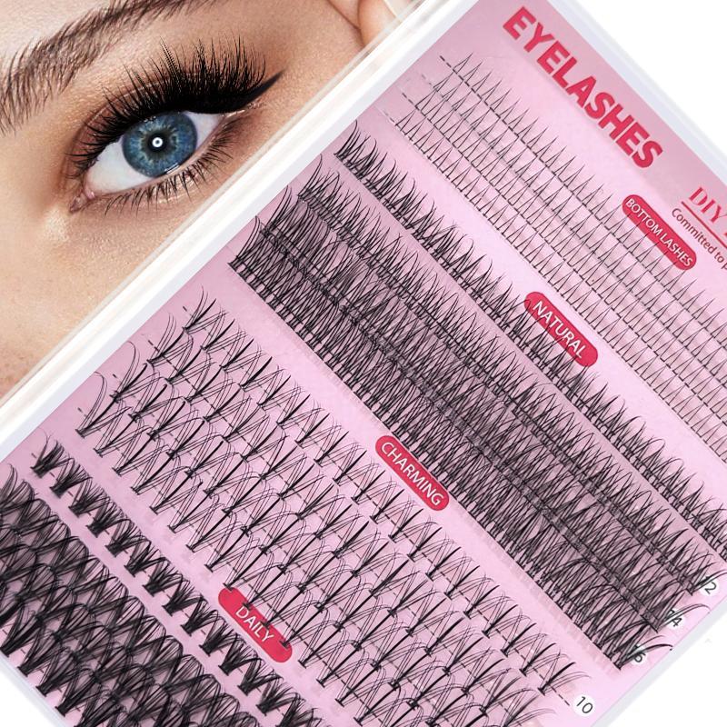 Fuffy False Eyelashes Extension Kit, Natural Thick Cute Cat Eye Styles Mixed Different Lashes with Glue & Tweezers & Remover, DIY Cluster Lashes with Tools