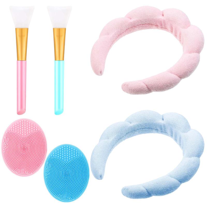 Facial Cleansing Tool Set, 6 Counts set Makeup Headband & Silicone Facial Cleansing Brush & Face Mask Scraper, Skincare Tools for Women & Girls