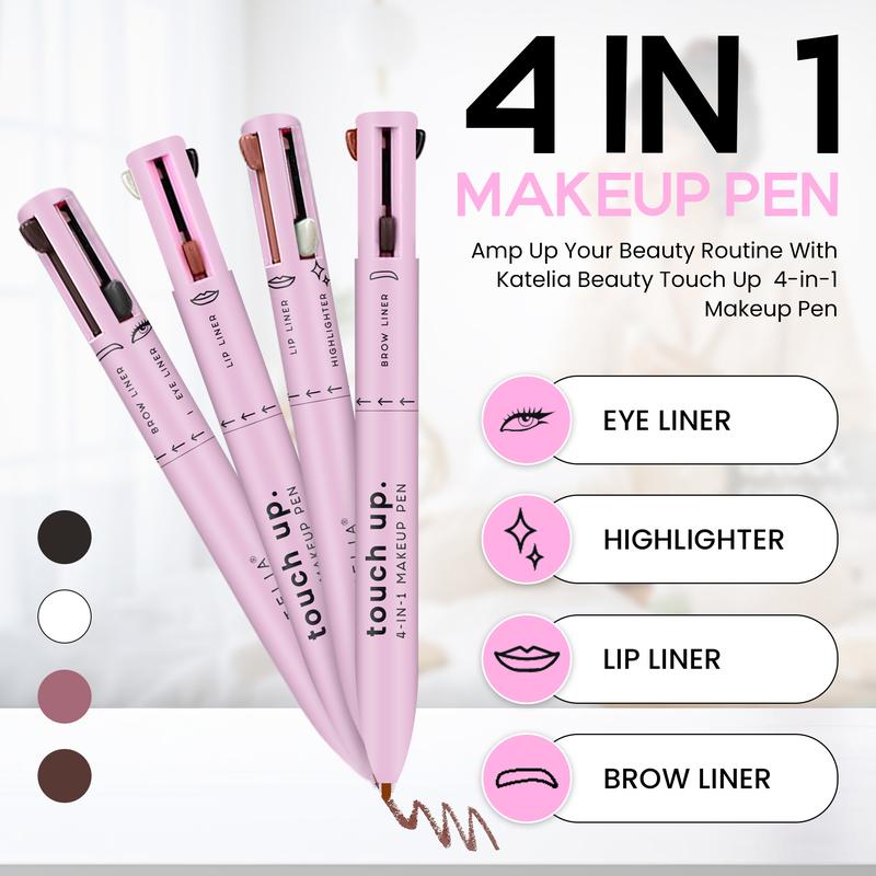 Katelia Beauty Touch Up 4-in-1 Makeup Pen (Eyeliner, Brow Liner, Lipliner, & Highlighter) All-in-One, Multi-Functional Portable Beauty Product, On The Go Travel Makeup Pencil, Refillable Magic Pen, Handy Kit, Waterproof,