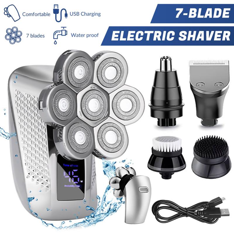 Head Shavers for Bald Men, Waterproof Shaver, 7D Rechargeable Rotary Shaver, 5 in 1 Grooming Kit for Men, Wet Dry Shaver Hair Trimmer with LED Display, USB Charging, Storage Bag, with Nose Hair Trimmer, Gift for Men