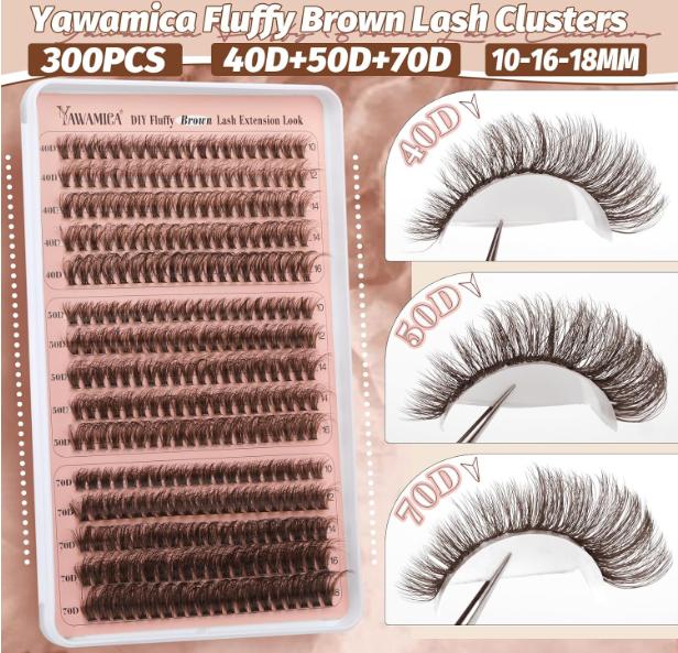 Brown Lash Clusters Fluffy Eyelash Extension 10-16mm Individual Lashes D Curl Eyelash Clusters 40D+50D+70D Volume 300pcs Cluster Lashes Pestañas Pelo a Pelo DIY Lash Extension at Home