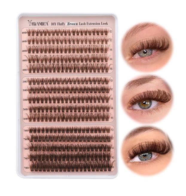 Brown Lash Clusters Fluffy Eyelash Extension 10-16mm Individual Lashes D Curl Eyelash Clusters 40D+50D+70D Volume 300pcs Cluster Lashes Pestañas Pelo a Pelo DIY Lash Extension at Home