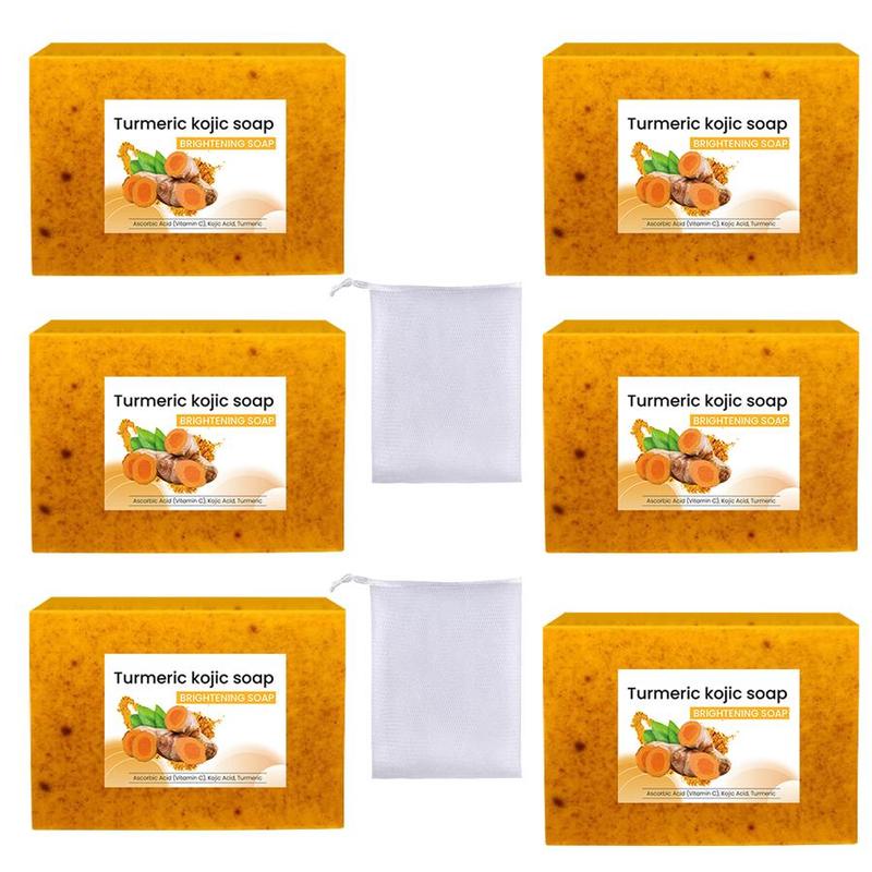 Turmeric Lemon Soap, 6 Counts set Deep Cleansing Body & Face Care Soap Bar with 2 Soap Nets, Skin Care Handmade Soaps for Men & Women