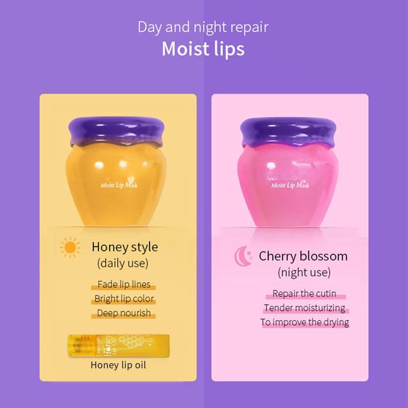 2PCS Lip Mask Overnight, Honey&Sakura Day and Night Repair Sleeping Lip Balm, Fade Lip Lines Bee Balm, Hydrating &Prevention Dry and Crack Lip Scrubs Exfoliator