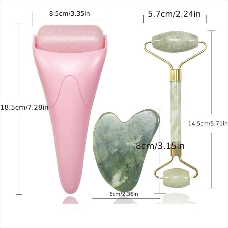 Double-ended Jade Facial Massage Roller & Gua Sha Board & Ice Roller, 3 Counts set Facial Beauty Roller Skin Care Massager for Face, Eyes, Neck, Body Muscle Relaxing