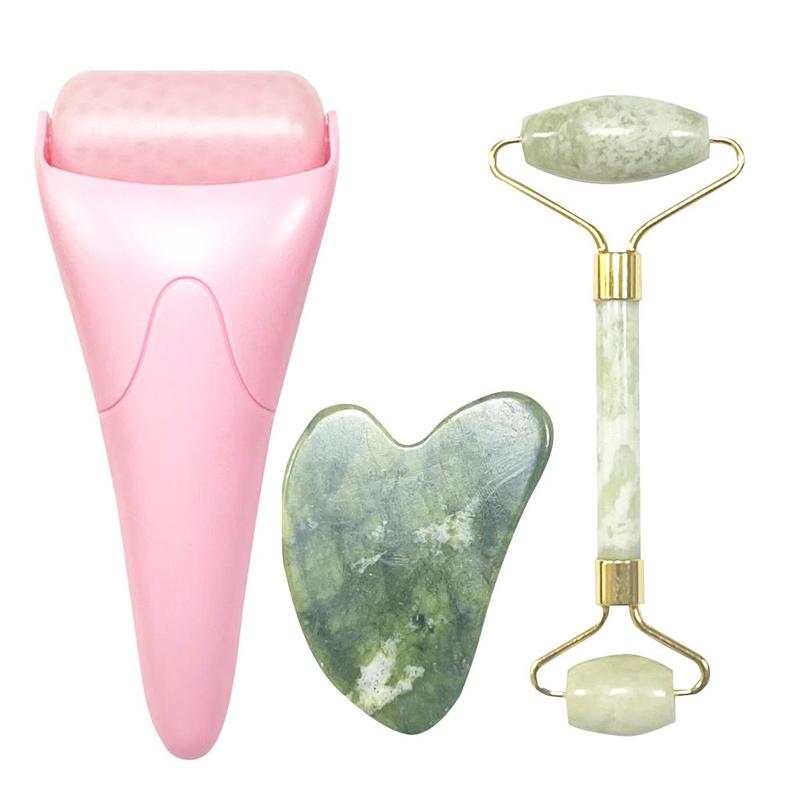 Double-ended Jade Facial Massage Roller & Gua Sha Board & Ice Roller, 3 Counts set Facial Beauty Roller Skin Care Massager for Face, Eyes, Neck, Body Muscle Relaxing