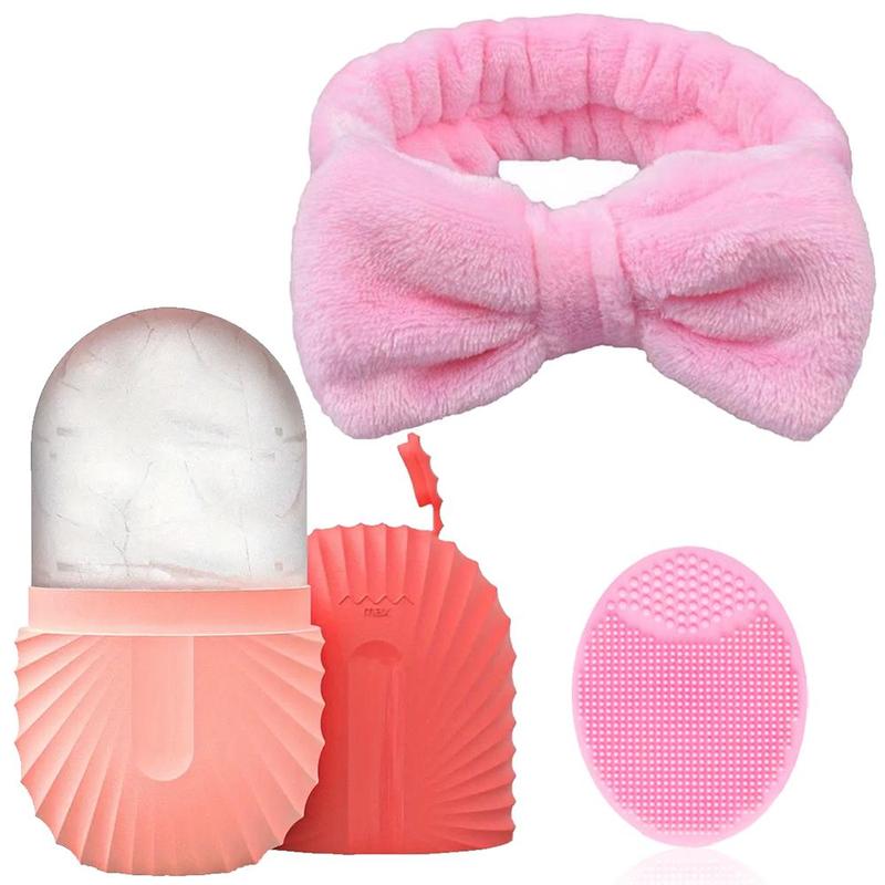 Ice Face Roller & Bowknot Headband & Facial Cleansing Brush Set, 3 Counts set Face Care Tool Set, Portable Washing Face Massage for Skincare