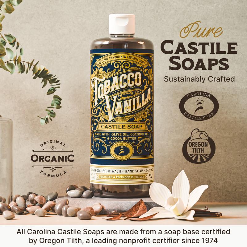 Carolina Castile Soap | Tobac. Vanilla 32 oz bottle | Olive Oil based shampoo body wash & hand soap